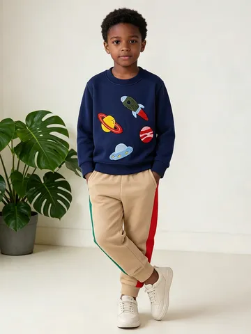 Pantalones de Chándal de Punto de Algodón para Niños Estilo Euro Niños Pantalones de Chándal Casuales con Rayas de Contraste