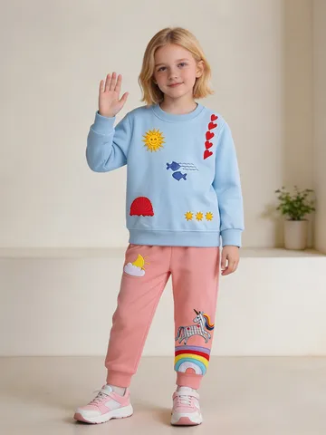 Girls Casual Long Sleeve Sweatshirt Pants Set Kids Cartoon Unicorn Patch Cotton Top And Bottom Clothes Outfit