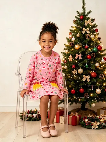 Girls Christmas Embroidered Long Sleeve Dress Casual Cotton Knit A-Line Princess Dress Sweet Pink Holiday Outfits For Toddler Kids