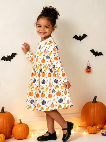 Euro-Amerikaanse Stijl Meisjes Katoen Lange Mouw Jurk Halloween Cartoon Pompoen Gedrukt Prinses Jurk Herfst Gebreide Peuter Rok