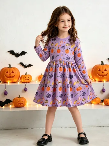 Euro-Amerikaanse Stijl Meisjes Katoen Lange Mouw Jurk Halloween Cartoon Pompoen Gedrukt Prinses Jurk Herfst Gebreide Peuter Rok