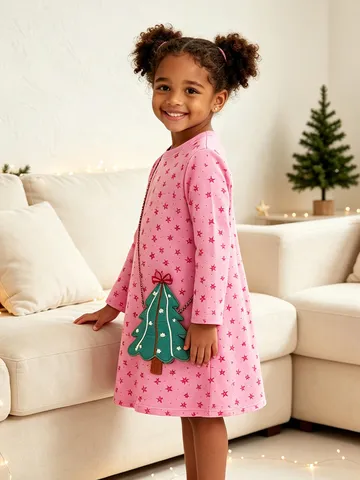 Abito Natalizio in Cotone da Ragazza Abiti da Principessa a Maniche Lunghe Rosa con Stampa di Stelle Girocollo Vestiti Patchwork Completo per le Vacanze