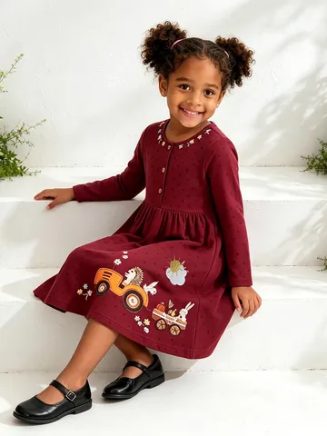 Robe Princesse à Manches Longues pour Filles Coton Rouge Vin Brodé Fleur Animal Applique Robe Décontractée Pour Enfants