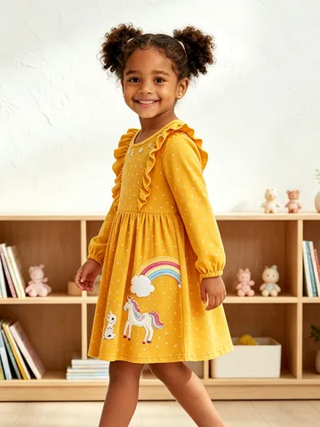 Süßes Mädchen Baumwolle Langarm Gelb Kleid Gestickt Cartoon Einhorn Polka Dot Rüschenkragen Prinzessinnenkleid Für Kinder Herbst