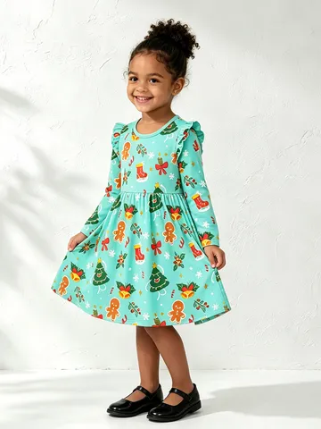 Abito da Bambina Occidentale Natalizio Cartone Animato Stampato in Cotone a Manica Lunga Abito da Principessa con Volant sulle Spalle per Festa di Natale Abbigliamento Bambini