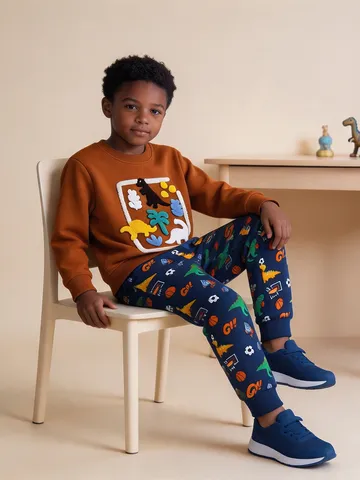 Boys Western Style Casual Cotton Sweatpants Cartoon Dinosaur Printed Elastic Waist Cuffed Pants Kids Autumn Joggers