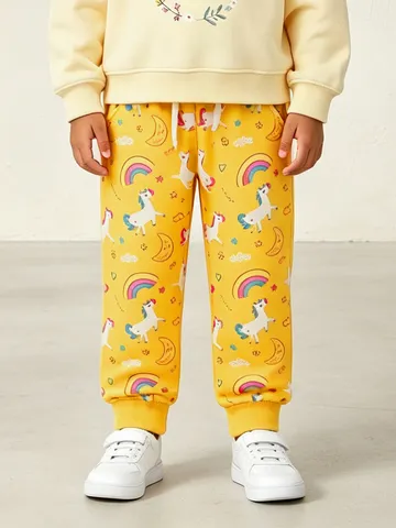 Girls Cartoon Unicorn Rainbow Printed Cotton Pants Kids Euro-American Style Elastic Waist Drawstring Casual Sweatpants Outwear