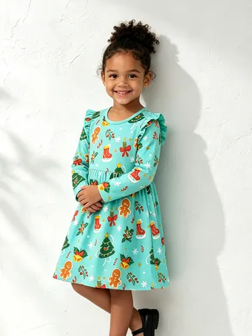 Abito da Bambina Occidentale Natalizio Cartone Animato Stampato in Cotone a Manica Lunga Abito da Principessa con Volant sulle Spalle per Festa di Natale Abbigliamento Bambini