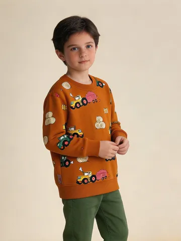 Western Style Kids Cotton Sweatshirt All-Over Car Print Crewneck Long Sleeve Top Soft Skin-Friendly Pullover For Boys