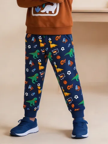 Boys Western Style Casual Cotton Sweatpants Cartoon Dinosaur Printed Elastic Waist Cuffed Pants Kids Autumn Joggers