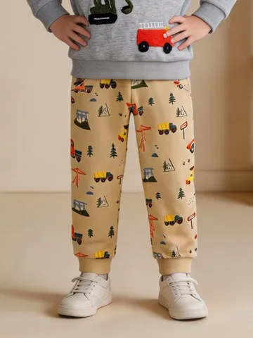 Boys Casual Cotton Sweatpants Cute Cartoon Car Print Cuffed Bottoms Elastic Waist Long Sport Pants For Toddler Kids Khaki