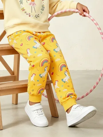 Girls Cartoon Unicorn Rainbow Printed Cotton Pants Kids Euro-American Style Elastic Waist Drawstring Casual Sweatpants Outwear