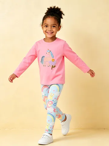 Girls Western Style Cotton Top And Bottom Set Pink Long Sleeve T-Shirt Blue Printed Pants Cartoon Unicorn Rainbow Outfits For Kids
