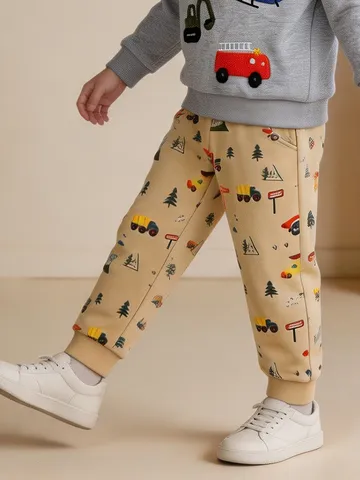 Boys Casual Cotton Sweatpants Cute Cartoon Car Print Cuffed Bottoms Elastic Waist Long Sport Pants For Toddler Kids Khaki