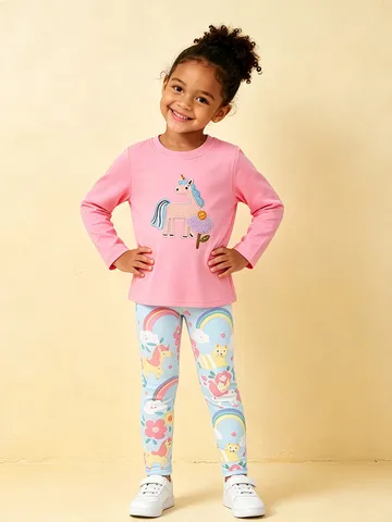 Girls Western Style Cotton Top And Bottom Set Pink Long Sleeve T-Shirt Blue Printed Pants Cartoon Unicorn Rainbow Outfits For Kids
