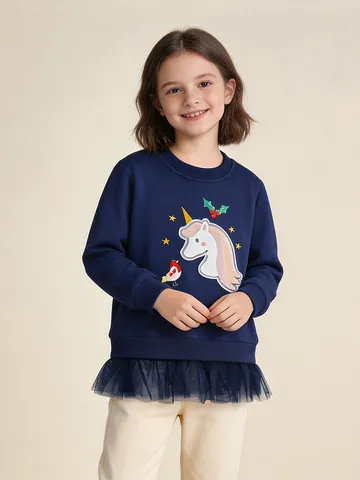 Mädchen Karikatur Einhorn Applikationsstickerei Langarm Sweatshirt Baumwolle Polyester Netz Spleißen Pullover Top Für Kinder