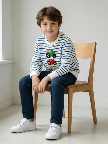 Felpa da Bambino di Moda in Cotone a Righe Con Trattore Ricamato Girocollo Manica Lunga Abbigliamento Casual Pullover per Bambini