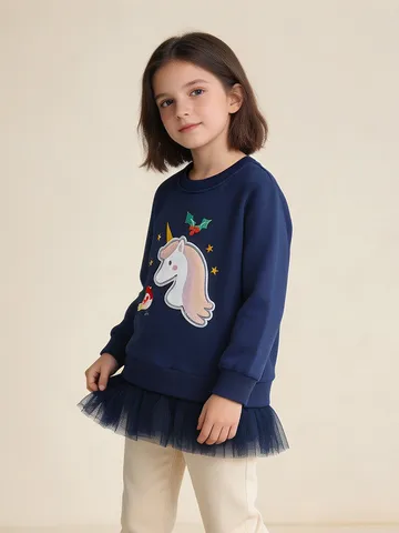 Mädchen Karikatur Einhorn Applikationsstickerei Langarm Sweatshirt Baumwolle Polyester Netz Spleißen Pullover Top Für Kinder