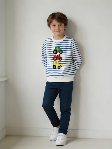 Felpa da Bambino di Moda in Cotone a Righe Con Trattore Ricamato Girocollo Manica Lunga Abbigliamento Casual Pullover per Bambini
