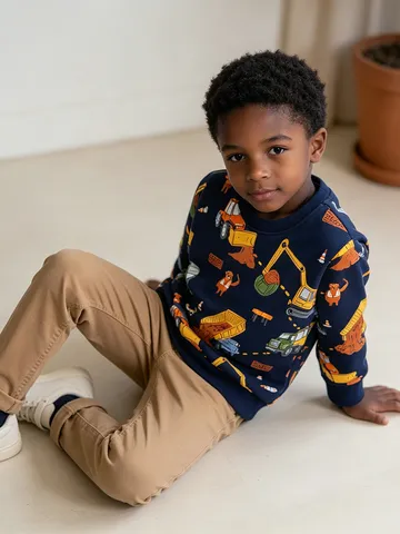 Boys Western Style Casual Cotton Sweatshirt Cartoon Construction Vehicle Print Long Sleeve Crewneck Pullover Top Clothing