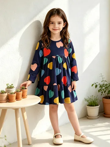 Γυναικείο Βαμβακερό Φόρεμα με Μακρύ Μανίκι για Κορίτσια Στρογγυλή Λαιμόκοψη Μοτίβο Καρδιά Φόρεμα Πριγκίπισσας για Παιδιά Φθινόπωρο
