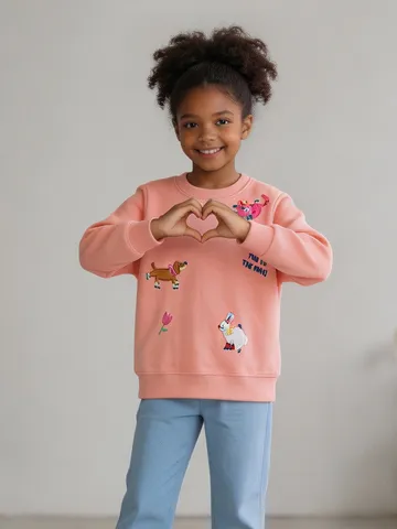 Mädchen Westlich Lässig Baumwolle Gestickt Sweatshirt Cartoon Tier Buchstaben Kurzarm Pullover Rundhalsausschnitt Top Kinder Oberbekleidung