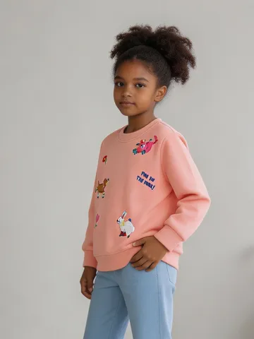 Mädchen Westlich Lässig Baumwolle Gestickt Sweatshirt Cartoon Tier Buchstaben Kurzarm Pullover Rundhalsausschnitt Top Kinder Oberbekleidung