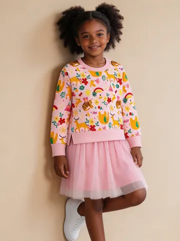Stile Occidentale Vestito da Bambina in Cotone Stampato con Mesh Modelli Animali dei Cartoni Animati Floreale Manica Lunga Girocollo Pullover Vestito per Autunno Quotidiano Comfort Abbigliamento Bambini