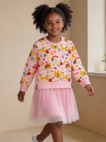 Stile Occidentale Vestito da Bambina in Cotone Stampato con Mesh Modelli Animali dei Cartoni Animati Floreale Manica Lunga Girocollo Pullover Vestito per Autunno Quotidiano Comfort Abbigliamento Bambini