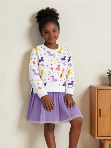 Girls Western Casual Long Sleeve Sweatshirt Mesh Dress Kids Unicorn Cartoon Starry Sky Print Princess Patchwork Frock