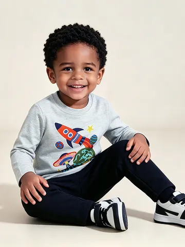 Felpa alla Moda per Bambini in Cotone Stampa Razzo Spaziale a Cartoni Animati a Maniche Lunghe T-Shirt da Ragazzo Abbigliamento Casual