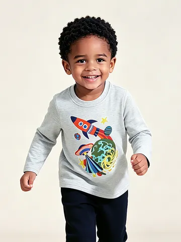Felpa alla Moda per Bambini in Cotone Stampa Razzo Spaziale a Cartoni Animati a Maniche Lunghe T-Shirt da Ragazzo Abbigliamento Casual