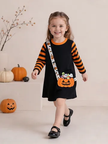 Halloween Girls Pumpkin Princess Dress Long Sleeve Orange Black Striped Cotton Toddler Party Clothing Dress For Kids