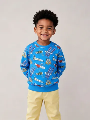 Boys Casual Cotton Sweatshirt Cartoon Rocket Space All Over Print Round Neck Long Sleeve Top For Kids Crewneck Pullover
