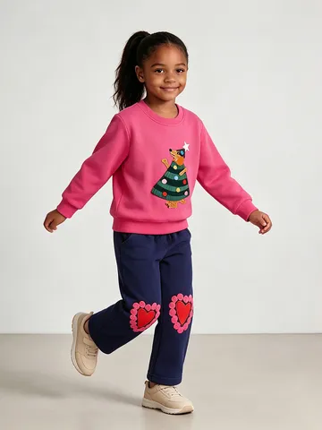 Kids Christmas Holiday Cotton Outfit Pullover Top And Bottom Sportswear Set Rose Red Sweatshirt Dark Blue Joggers Clothing Set