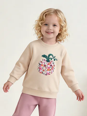 Girls Western Style Cotton Long Sleeve Sweatshirt Cute Pumpkin Applique Embroidery Round Neck Pullover Top Kids Casual Clothing