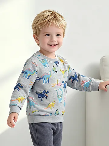 Kids Western Crewneck Pullover Sweatshirt Cotton Long Sleeve Cartoon Dinosaur Printed Top For Autumn Boys Clothing