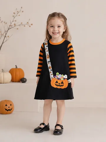 Halloween Girls Pumpkin Princess Dress Long Sleeve Orange Black Striped Cotton Toddler Party Clothing Dress For Kids