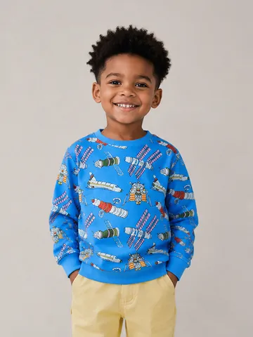 Boys Casual Cotton Sweatshirt Cartoon Rocket Space All Over Print Round Neck Long Sleeve Top For Kids Crewneck Pullover