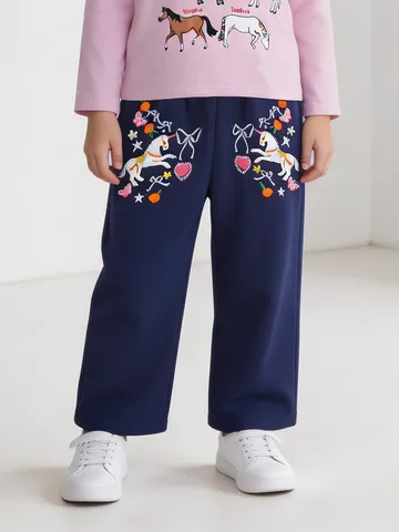 Westlicher Stil Mädchen Baumwolle Gestickte Gerade Hose Cartoon Einhorn Lockere Hose Für Kinder Täglich Elastischer Bund Lässige Hose