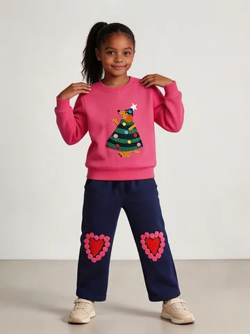 Kids Christmas Holiday Cotton Outfit Pullover Top And Bottom Sportswear Set Rose Red Sweatshirt Dark Blue Joggers Clothing Set