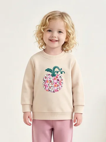 Girls Western Style Cotton Long Sleeve Sweatshirt Cute Pumpkin Applique Embroidery Round Neck Pullover Top Kids Casual Clothing