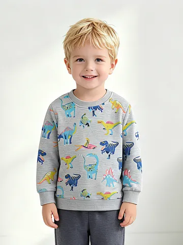 Kids Western Crewneck Pullover Sweatshirt Cotton Long Sleeve Cartoon Dinosaur Printed Top For Autumn Boys Clothing