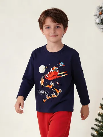 Kinderen Katoen Ronde Hals Lange Mouw Top Casual Gedrukt Grafische Tee Baby Ruimte Kerstmis Cartoon Shirt Voor Herfst