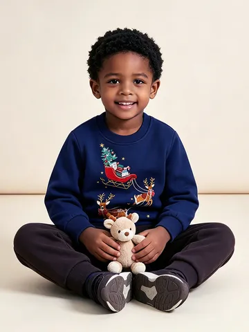 Kids Cartoon Christmas Reindeer Sleigh Print Sweatshirt Cotton Round Neck Long Sleeve Pullover Top For Autumn Winter Boys Girls