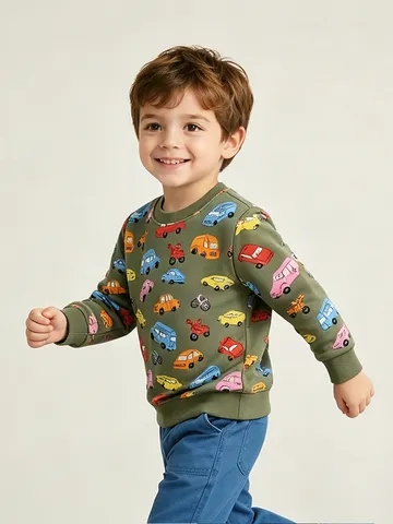 Kids Euro-American Fashion Boys Top Cotton Pullover Printed Cartoon Car Round Neck Long Sleeve Sweatshirt For Autumn Daily Casual
