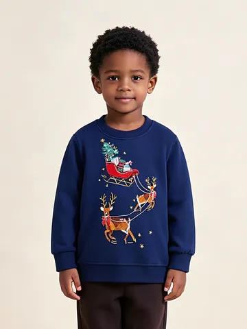 Kids Cartoon Christmas Reindeer Sleigh Print Sweatshirt Cotton Round Neck Long Sleeve Pullover Top For Autumn Winter Boys Girls