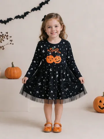 Vestito da Ragazza per Halloween con Ricamo a Zucca e Maniche Lunghe in Rete Stampa Scheletro Tutù da Principessa per Bambini