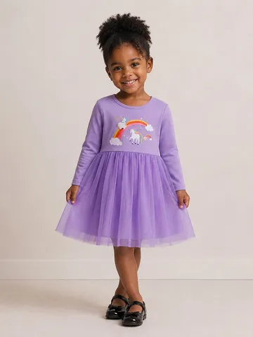 Vestito da Bambina con Stampa Arcobaleno e Unicorno Manica Lunga Autunno Stile Occidentale Abiti da Principessa in Mesh per Feste di Bambini
