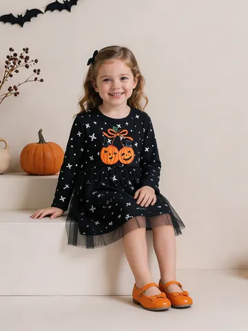 Vestito da Ragazza per Halloween con Ricamo a Zucca e Maniche Lunghe in Rete Stampa Scheletro Tutù da Principessa per Bambini